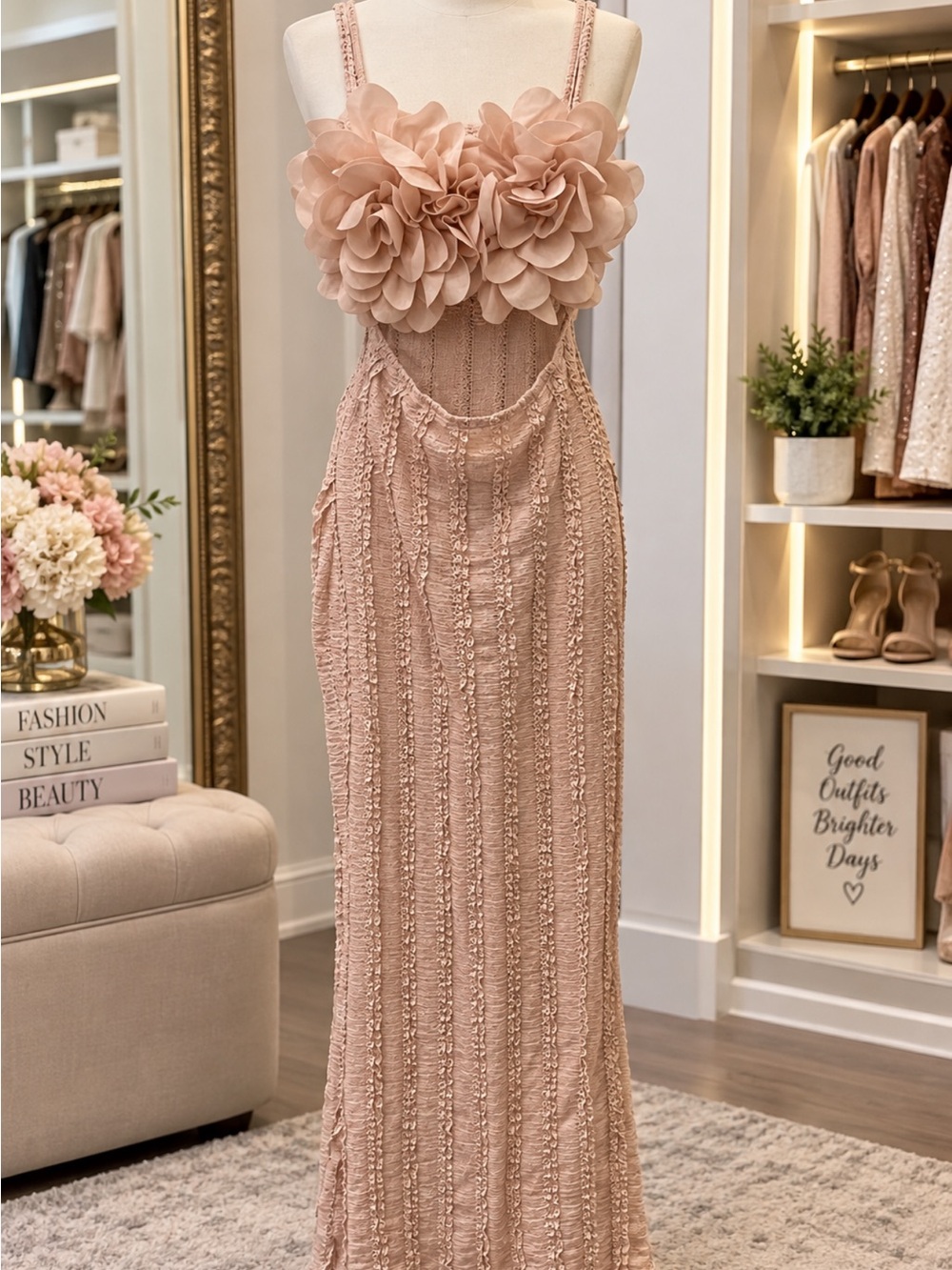 SHEIN Cut Out Blush Pink Floral Appliqué Maxi Dress w/ Spaghetti Straps Size XL